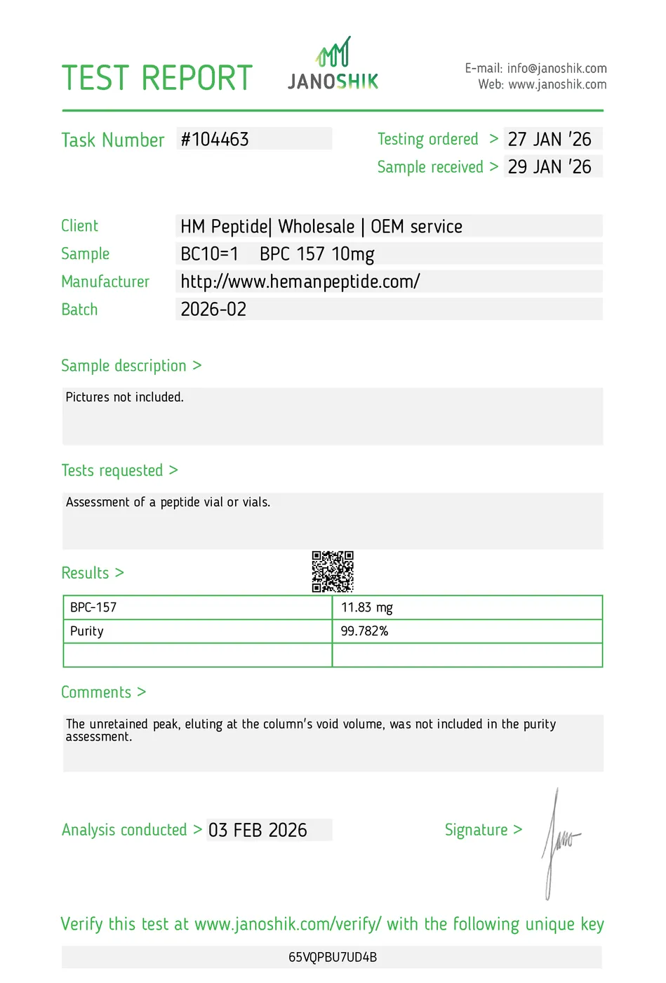 Certificate of Analysis (batch 3) for BPC-157 (10MG)