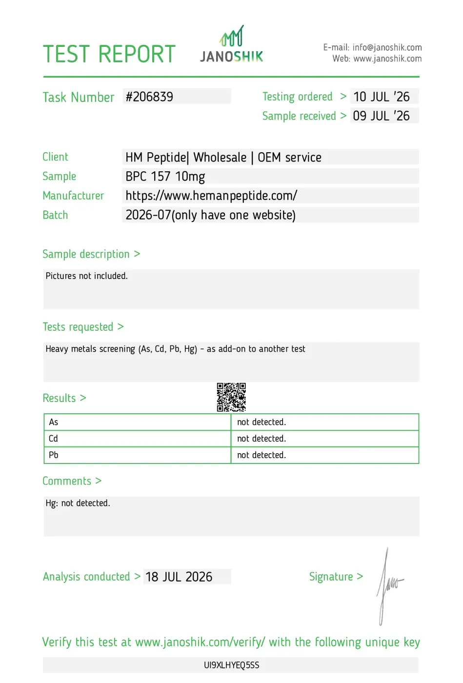 Certificate of Analysis (batch 4) for BPC-157 (10MG)