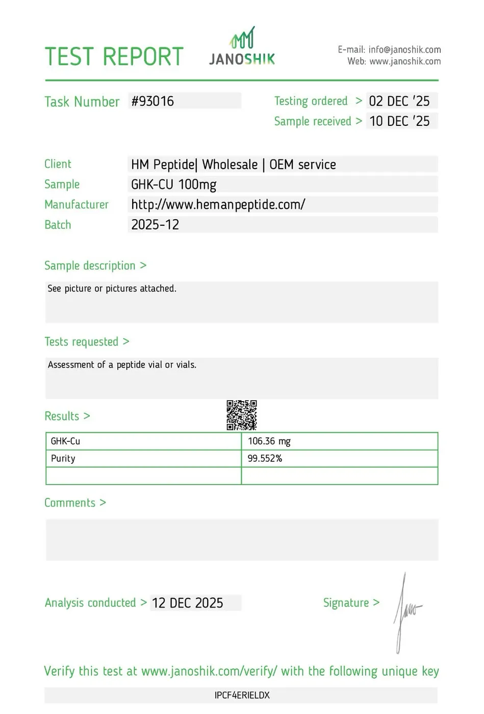 Certificate of Analysis (batch 2) for GHK-Cu (100MG)