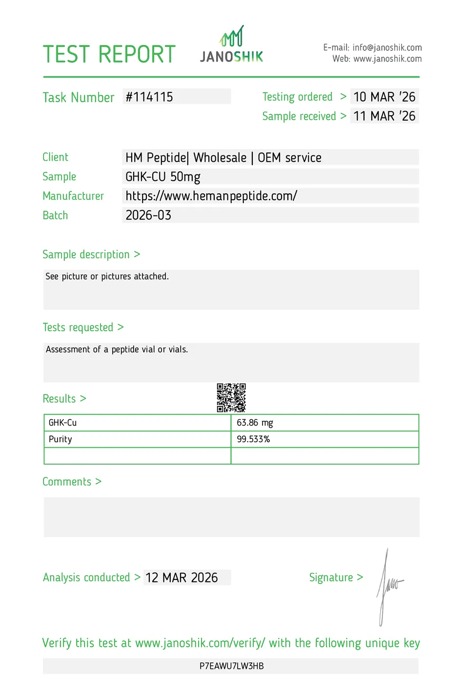 Certificate of Analysis (batch 4) for GHK-Cu (50MG)