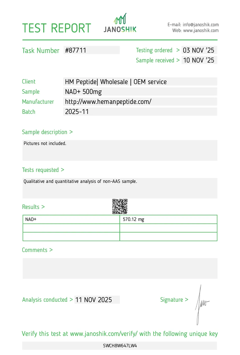 Certificate of Analysis for NAD+ (1000MG)