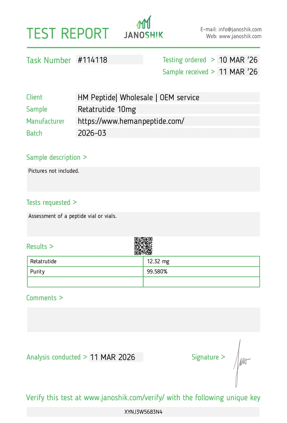 Certificate of Analysis (batch 3) for GLP-3 (RT) 10MG