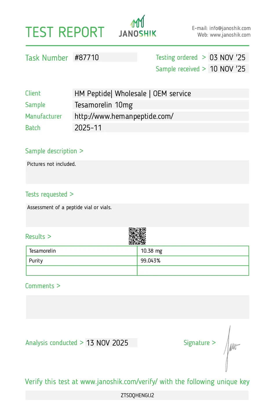 Certificate of Analysis (batch 2) for Tesamorelin (10MG)